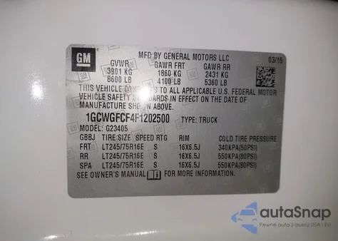 2015 Chevrolet Express 2500 Work Van from USA, damaged, VIN 1GCWGFCF4F1202500